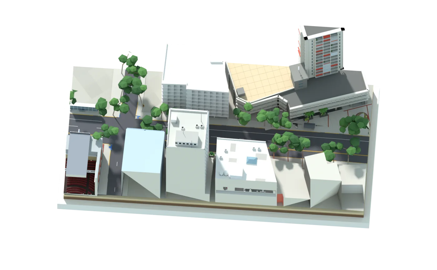 Corte troquelado de la Avenida Ponce de León del mundo 3D, con edificios, árboles y el carril de guagua